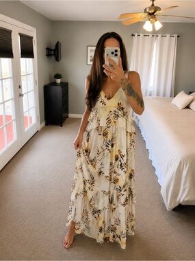 FALL Free People Anita Printed Floral Tiered Maxi Dress Boho Ruffle Open Back.